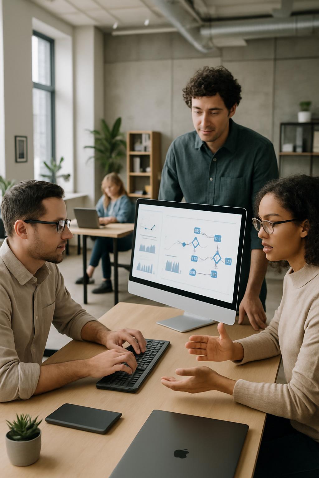 The image shows a group of people in an office setting, gathered around a computer monitor displaying a business chart.